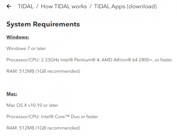 24bit 스트리밍을 지원하는 Tidal도 그리 높지 않은 사양을 요구한다.