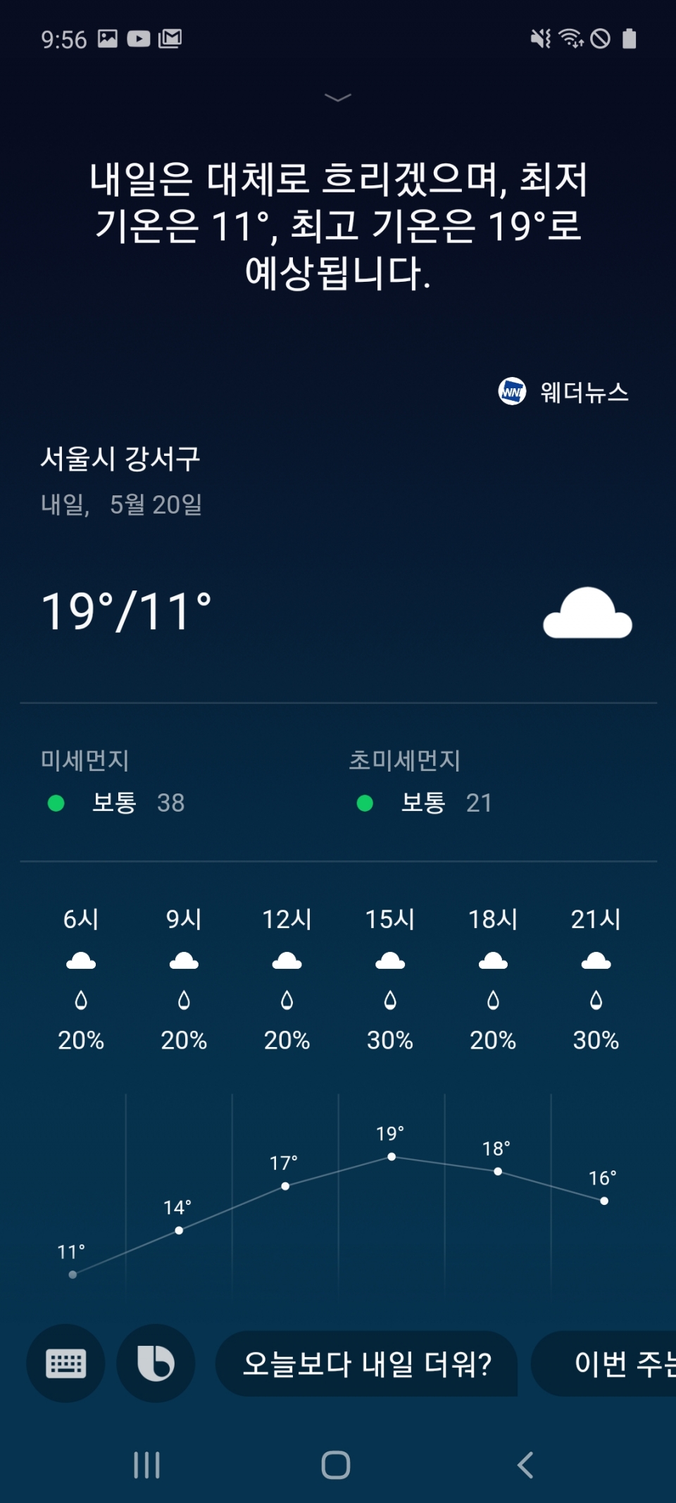 빅스비에 내일 날씨를 물어볼 수도 있다.