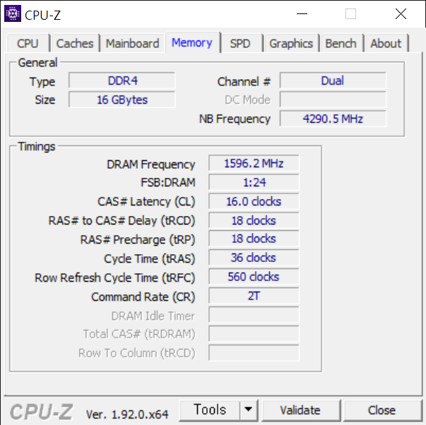 CPU-Z로 확인한 램 타이밍은 CL 16-18-18-36이었다.