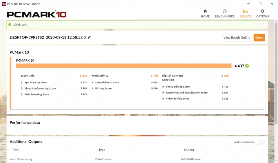 PCMARK 10 벤치마크 종합점수는 4437점이었다. 전반적으로 고른 성능을 나타냈다.