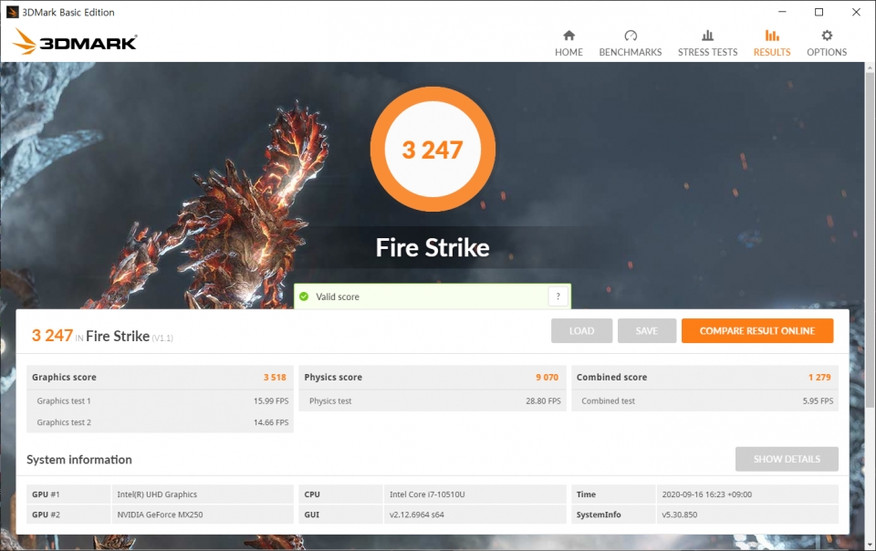파이어 스트라이크 벤치마크에서는 그래픽 스코어 3518점, 피직스 스코어 9070점으로 나타났다. 종합점수는 3247점이었다.