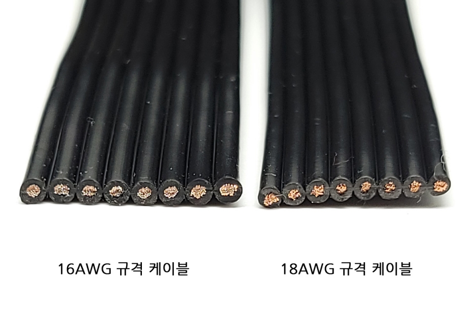 캐슬론 M에 적용된 16AWG 규격 케이블(좌)과 일반 18AWG 규격 케이블(우)와 비교한 이미지. 16AWG 케이블이 상대적으로 케이블이 두껍고 피복 내 구리선 단면적 또한 넓다.