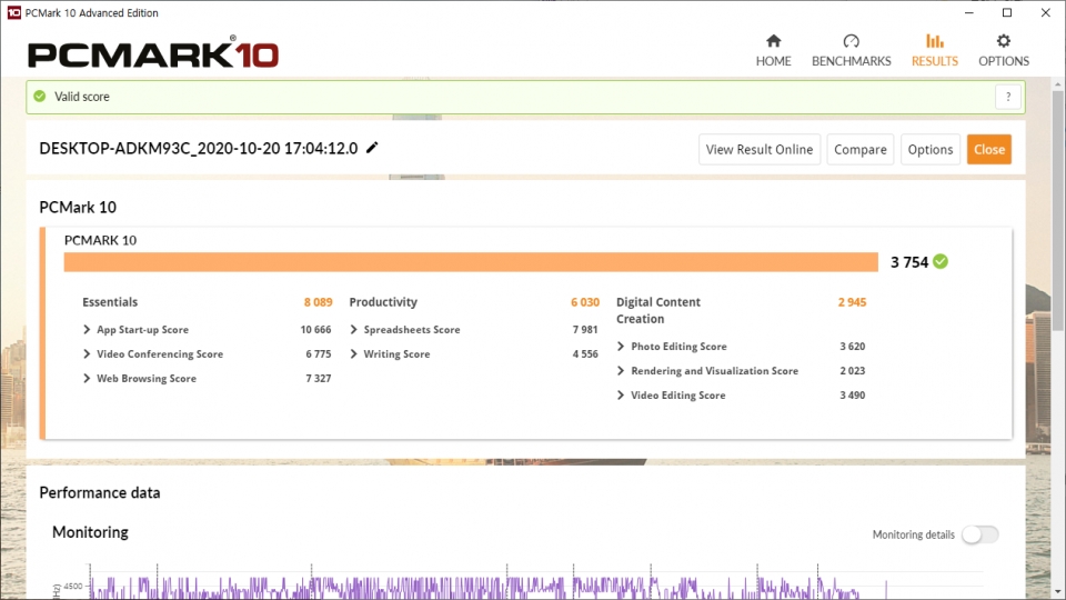 PCMARK 10 벤치마크 결과다. 총점은 3,754점이며, 생산성에서 높은 점수를 보였다.
