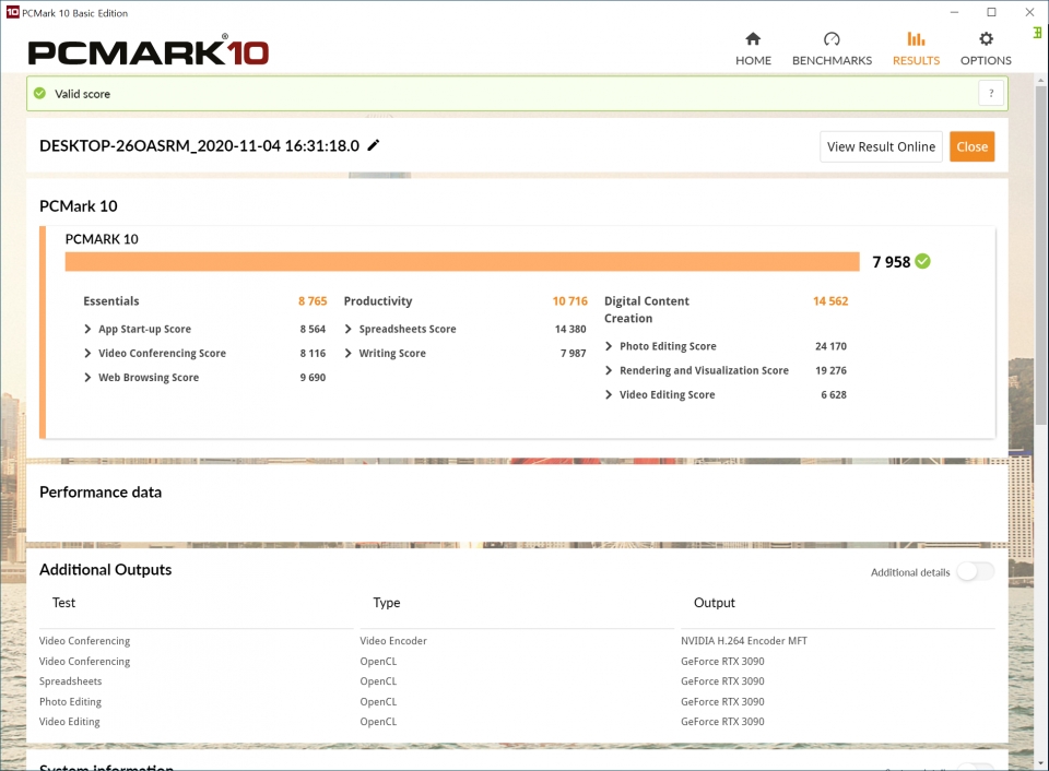PCMARK 10 벤치마크 총점은 7958점으로 나타났다. 콘텐츠 제작과 연관이 있는 ‘Digital Content Creation’ 점수는 14562점이었다.