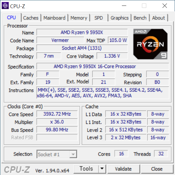 CPU-Z에서 프로세서 정보를 확인했다. 3.59GHz로 구동 중이며, 7nm 공정으로 제작되었다. L3 캐시 용량은 64MB로, 5900X와 같이 새로운 캐시 설계가 적용되었음을 확인할 수 있다. TDP는 105W다.