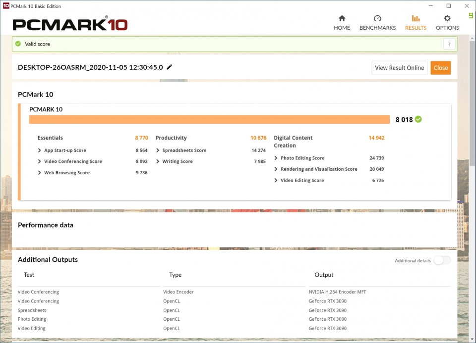 PCMARK 10 벤치마크 촏점은 7958점으로 나타났다. ‘Digital Content Creation’ 점수는 14942점이었다.