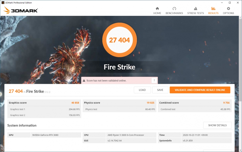 파이어 스트라이크 벤치마크에서는 총점 27,404점, 그래픽 스코어 40,858점, 피직스 스코어 19,025점을 기록했다.