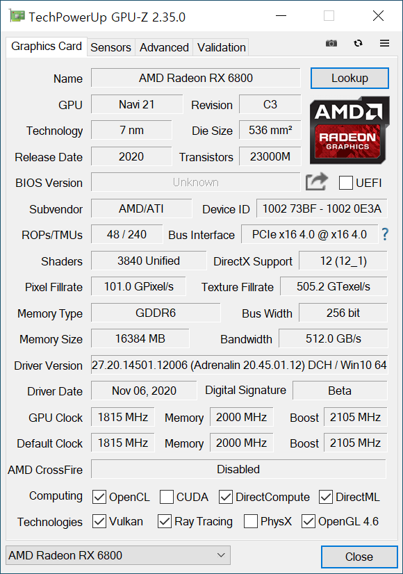 GPU-Z에서 그래픽카드 정보를 확인했다. 7nm 공정으로 설계되었으며, PCIe 4.0과 다이렉트X 12, 레이 트레이싱을 지원한다. GPU 기본 클럭은 1815MHz, 부스트 클럭은 2105MHz, 메모리 클럭은 2000MHz다.