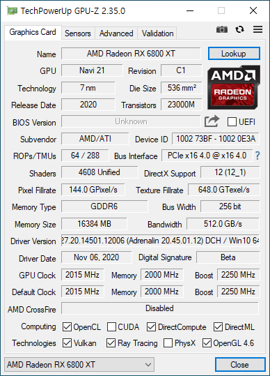 GPU-Z에서 그래픽카드 정보를 확인했다. 역시 7nm 공정으로 만들어졌고, PCIe 4.0과 다이렉트X 12, 레이 트레이싱도 지원한다. GPU 기본 클럭은 2015MHz, 부스트 클럭은 2250MHz, 메모리 클럭은 2000MHz다.