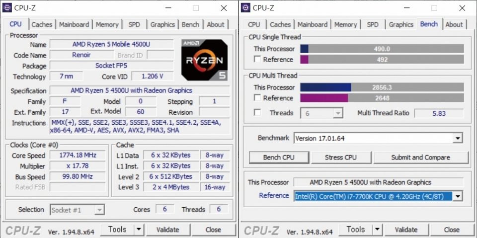 6코어 6스레드 CPU가 탑재됐다. CPU-Z 벤치마크로 4코어 8스레드 데스크톱 CPU인 코어 i7-7700K와 비교했다. 코어 i7-7700K보다도 성능이 더 좋다. 저전력 CPU치고는 아주 괜찮은 편이다.