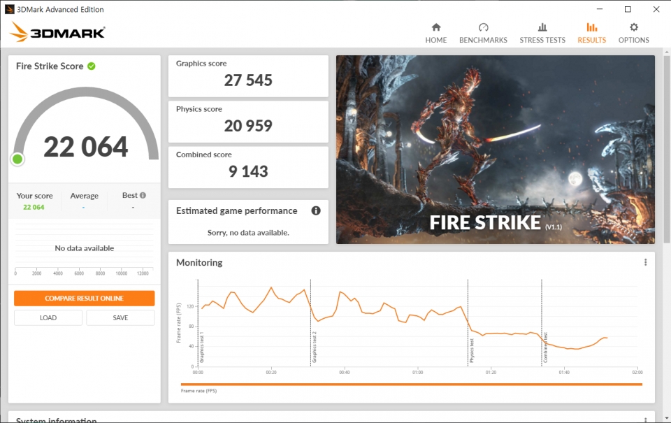 파이어 스트라이크 벤치마크 그래픽스 스코어: 27,545점