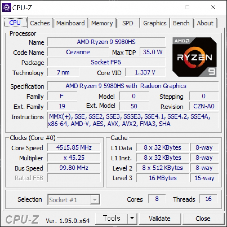 8코어 16스레드의 라이젠 9 5980HS가 탑재됐다. 7nm 공정으로 제작되었으며 TDP는 35W다. 테스트 당시의 코어 클럭은 약 4.5GHz였다.