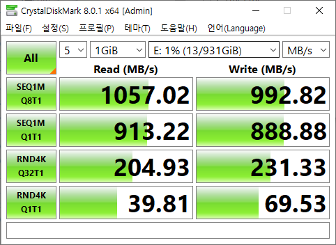 USB Gen 3.2 2x2 지원 외장 SSD를 연결해 벤치마크를 진행해보니 연속 읽기 속도가 1000MB/s를 상회했다.