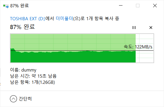 외장하드 내부에 10GB 상당의 더미 파일을 만든 다음 내부 폴더에 이를 복사했다. 복사가 약 87% 진행된 시점에서의 속도는 122MB/s로 나타났다.