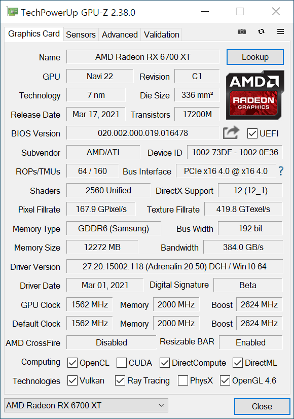 GPU-Z에서 그래픽카드 정보를 확인했다. 7nm 공정 기반의 그래픽 칩이 탑재됐으며, 삼성 GDDR6 메모리도 적용됐다. GPU 클럭은 1,562MHz, 메모리 클럭은 2,000MHz, 부스트 클럭은 2,624MHz로 나타났다.