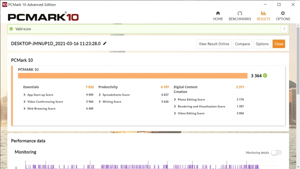 PCMARK 10 벤치마크 결과다. 총점은 3,364점이며, 스프레드시트와 같은 생산성 작업에서 높은 점수를 기록했다.