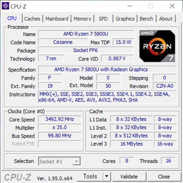 CPU-Z에서 라이젠 7 5800U의 스펙을 확인했다. 7nm 공정으로 제작되었으며, 8코어 16스레드다. TDP는 15W다.