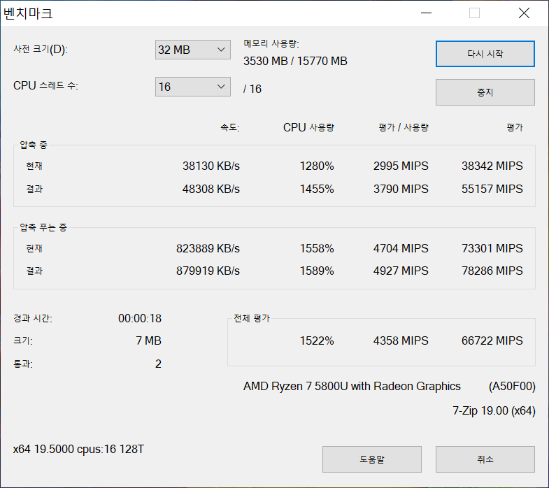 7-Zip 벤치마크 테스트 총점은 66,722점으로 나타났다.