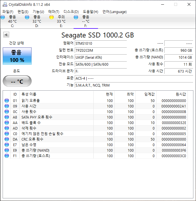 CrystalDiskInfo 8.11.2로 외장SSD 정보를 확인했다. 이번에 테스트할 모델은 1TB로, S.M.A.R.T와 NCQ, TRIM을 지원한다.