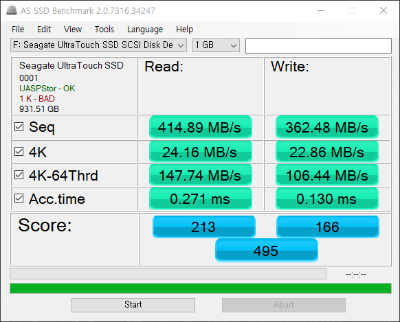 AS SSD Benchmark 총점은 495점으로 나타났다.