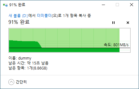 SSD 내부에 100GB 상당의 더미 파일을 만든 후 이를 폴뎌에 복사했다. 복사가 약 91% 진행된 상태에서의 속도는 약 801MB/s로 나타났다.