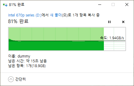 100GB의 더미 파일 생성 후 다시 인텔 670p Series에 재복사하며 성능을 측정했다. 복사 작업이 끝날 때까지 1.94GB/s라는 높은 성능을 유지했다.