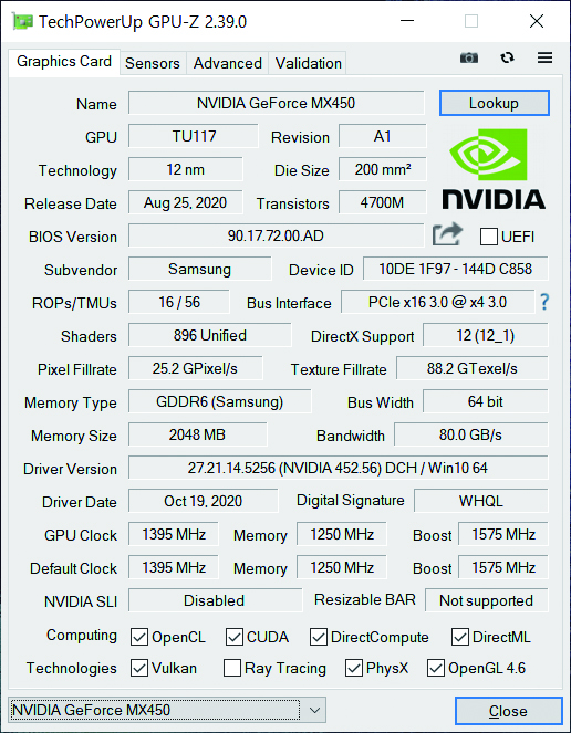 내장 그래픽은 인텔 아이리스 Xe 그래픽스, 외장 그래픽은 엔비디아 지포스 MX450GDDR6 2GB가 탑재되었다.