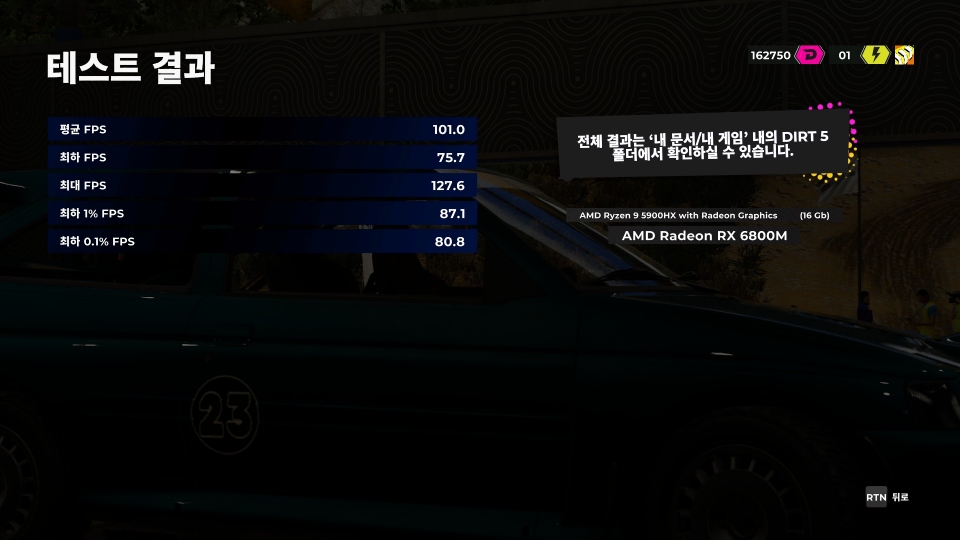 DIRT 5는 FHD 해상도, 최상 옵션에서 진행했다. 테스트 결과는 평균 101.0프레임, 최저 75.7프레임, 최고 127.6프레임이었다.