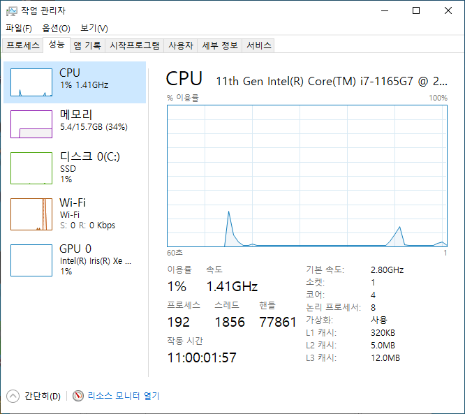 4코어 8스레드의 인텔 타이거레이크 코어 i7-1165G7을 탑재했다.<br>