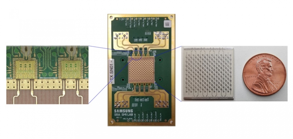 16채널 140GHz 모듈(가운데)과 이를 구성하는 이중 채널 140GHz RFIC(좌측)와 128개 안테나 소자(우측).