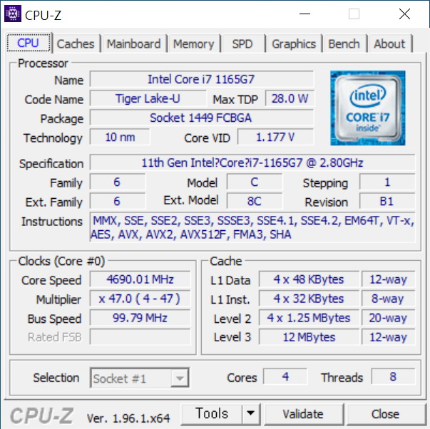 4코어 8스레드의 인텔 코어 i7-1165G7이 탑재됐다.