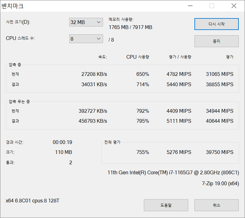 압축 프로그램인 7-zip 벤치마크에서는 전체 점수 39750MIPS로 나타났다. 무난하게 비즈니스 업무를 처리할 수 있는 수준이다.