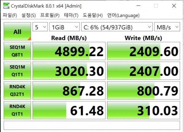 내장된 NVMe SSD의 벤치마크 결과다. 연속 읽기 속도는 4899MB/s, 연속 쓰기 속도는 2409MB/s를 기록했다.