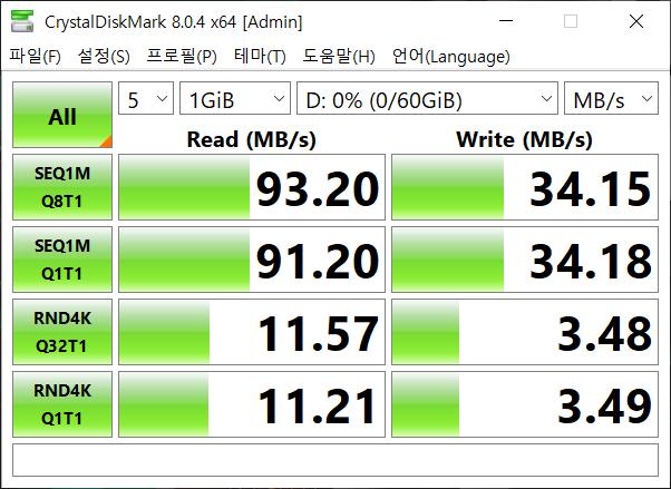 삼성 EVO Plus 64GB를 CrystalDiskMark 8.0.4에서 테스트해봤다. 최대 읽기 속도는 93.20MB/s, 최대 쓰기 속도는 34.18MB/s로 나타났다.