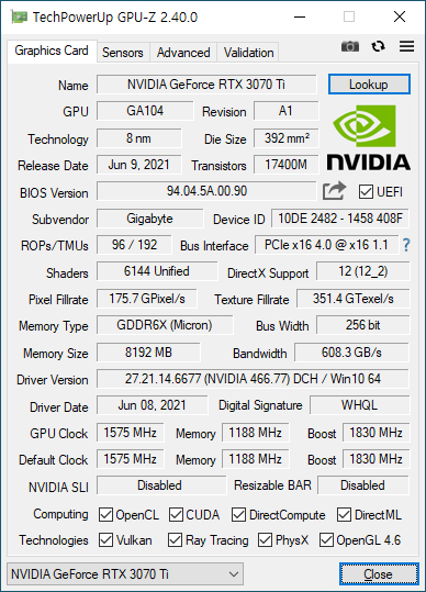 기가바이트 RTX 3070 Ti OC는 레퍼런스 클럭(1770MHz)보다 60MHz 빠르게 작동한다.