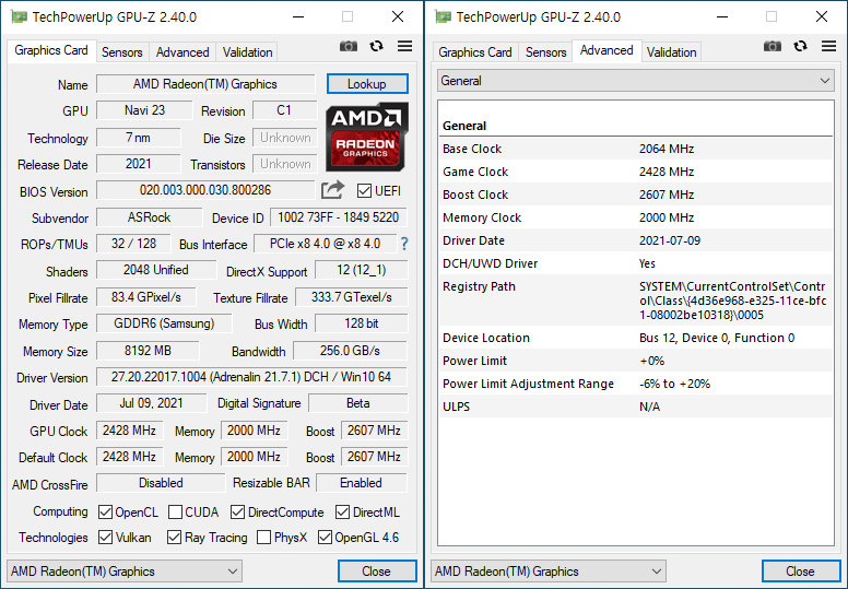 GPU-Z에서 그래픽카드 정보를 확인했다. 7nm 공정으로 제작되었으며 인터페이스는 PCIe 4.0, 메모리는 삼성 GDDR6 8GB다. 베이스 클럭은 2064MHz, 게임 클럭은 2428MHz, 부스트 클럭은 2607MHz다.