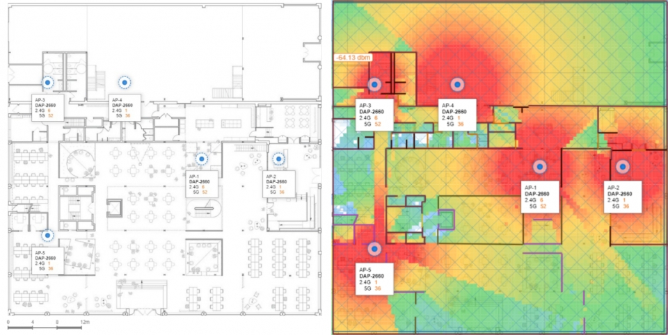 히트맵 이미지를 바탕으로 어떤 위치에 무선AP를 배치해야 최적의 네트워크를 만들 수 있는지 알 수 있다.