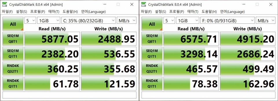 왼쪽은 기존 SSD, 오른쪽은 삼성 980 PRO 1TB에서의 테스트 결과이다. 980 PRO가 기존 SSD보다 더 좋은 퍼포먼스를 보임을 알 수 있다.