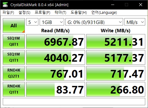 SN850 히트싱크의 연속 읽기 속도는 6967MB/s, 연속 쓰기 속도는 5211MB/s로 확인됐다.