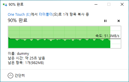 외장하드 내부에 10GB 상당의 더미 파일을 만든 다음 외장하드 내부에 이를 복사했다. 복사가 약 90% 진행된 시점에서의 속도는 51.3MB/s였다.