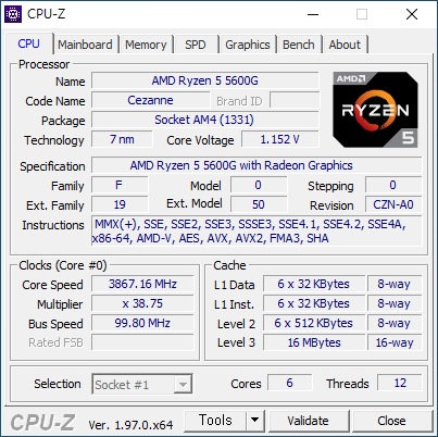 AMD 라이젠 5 5600G는 6코어 12스레드로 구성됐다. 7nm 공정으로 제작되었으며, L3 캐시는 16MB다.