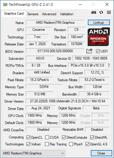 내장 그래픽 정보도 확인했다. 역시 7nm 공정 기반이며, 그래픽 메모리는 512MB다. OpenCL과 Vulkan, OpenGL 4.6 등도 지원한다.