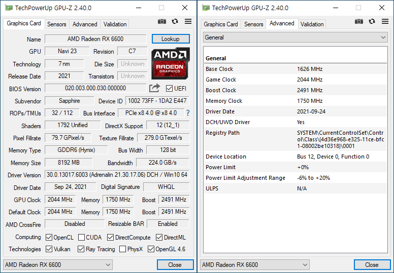 GPU-Z에서 그래픽카드 정보를 확인했다. 7nm 공정으로 제작되었으며, PCIe 4.0 인터페이스를 채택했다. GPU 클럭은 2,044MHz, 메모리 클럭은 1,750MHz다. OpenCL과 Vulkan, 레이 트레이싱 등을 지원한다.