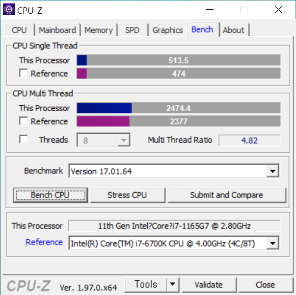 CPU-Z 벤치마크는 싱글 스레드 513.5점, 멀티 스레드 2,474.4점으로 나타났다. 인텔 코어 i7-6700K보다 높은 수준이다.