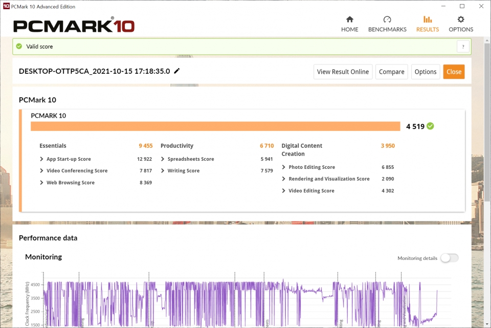 PCMARK 10 종합점수는 4,519점이었다. 비즈니스 업무용으로 사용하기에 충분한수준이다.