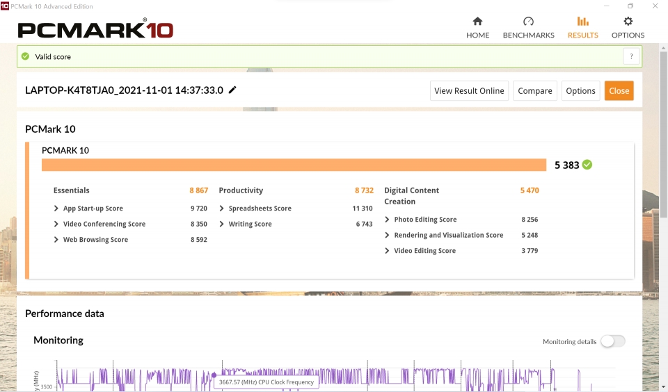 PCMARK 10 종합점수는 5,383점이었다. 비즈니스 업무용으로 사용하기에 손색이 없다.