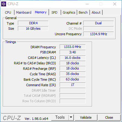 CPU-Z에서 메모리 정보를 확인했다. DRAM 프리컨시는 1,333.0MHz이며, 램 타이밍은 CL16-18-18-35다.