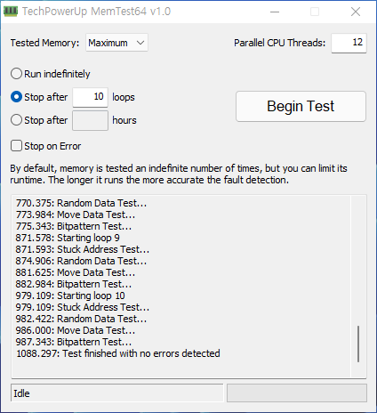 MemTest64 테스트는 총 10번을 진행했다. 여러 번의 테스트를 거쳤음에도 아무런 이상이 없었다.