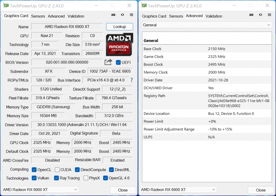 GPU-Z에서 그래픽카드 정보를 확인했다. 7nm 공정으로 제작되었으며, PCIe 4.0 인터페이스를 지원한다.