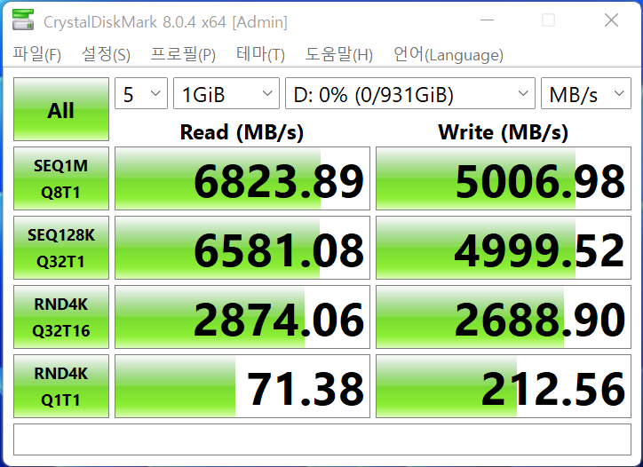 CrystalDiskMark 8.0.4에서 SSD 최대 읽기 속도는 6,823.89MB/s, 최대 쓰기 속도는 5,006.98MB/s였다.